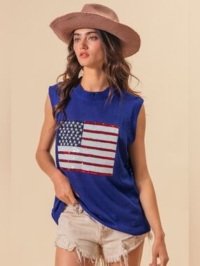 BiBi American Flag Sequins Patch Knit Vest